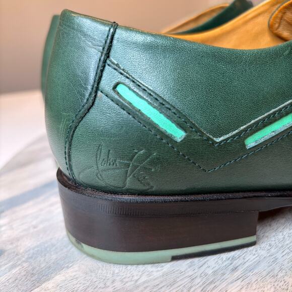 John Fluevog Green Leather Cap Toe Oxford Dress Shoes Men\'s Unique Stitch 10.5